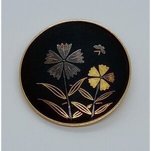 Vintage Amita Damascene Gold Tone Round Black Enamel Inlay Brooch Pin